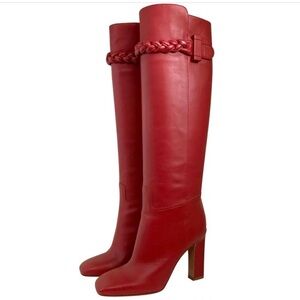 💕 Valentino Garavani Calfskin Knee Tall Boot Red Braided NWT Size 38